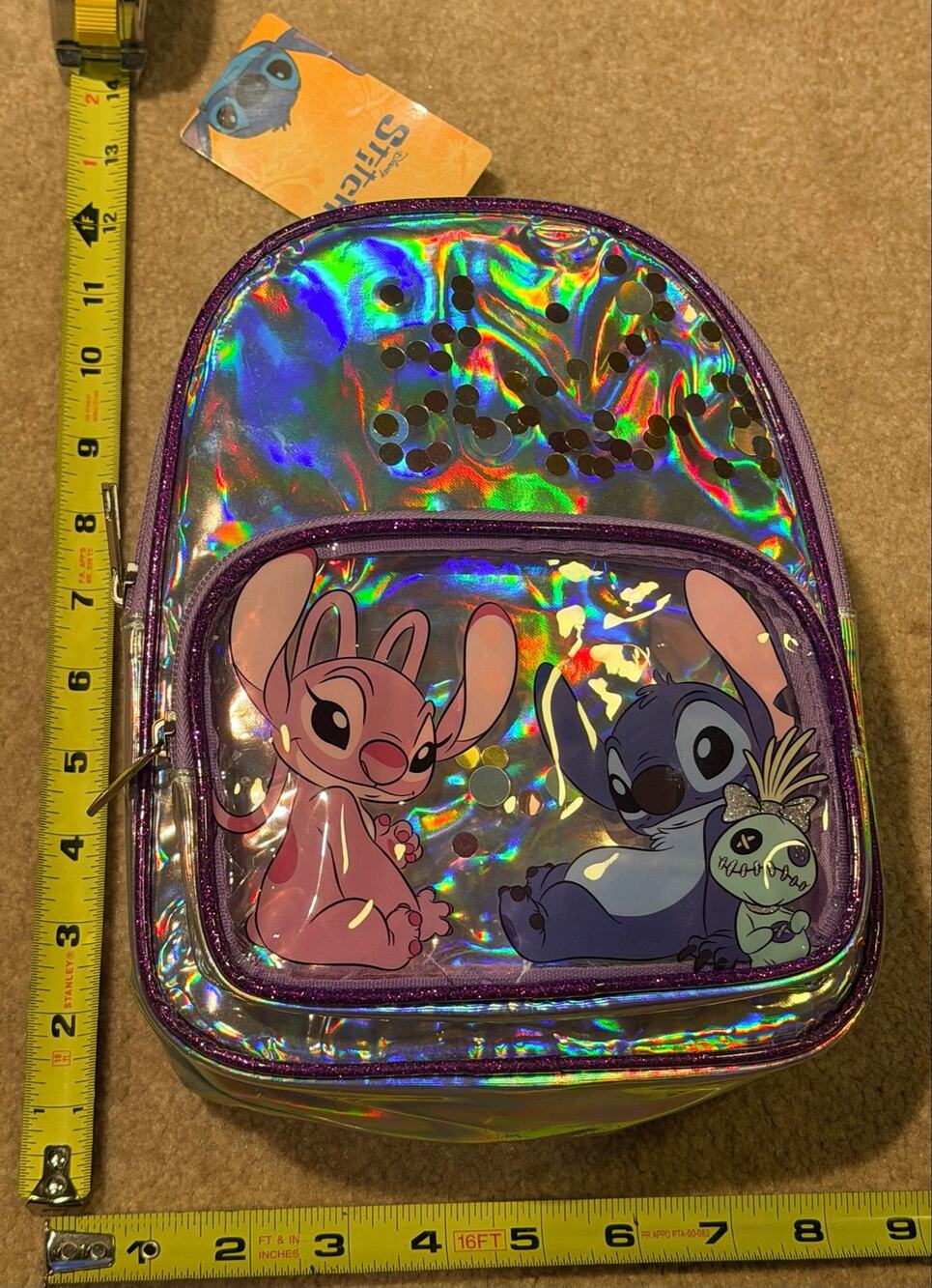 NWT Disney Stitch & Angel Holographic Sequin Mini Backpack Purple Clear Front